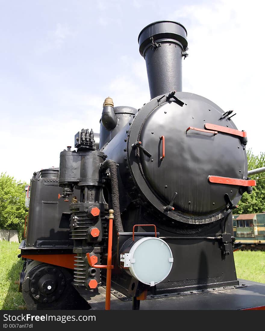 Front face of Old black steam train. Front face of Old black steam train