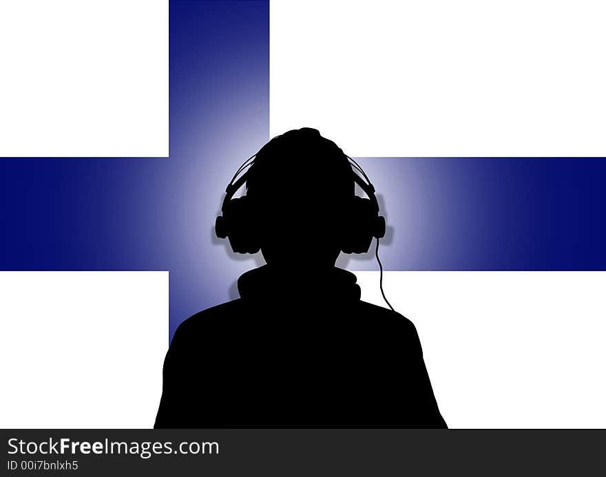 Illustration of a person wearing headphones in-front of the flag of Finland. Illustration of a person wearing headphones in-front of the flag of Finland