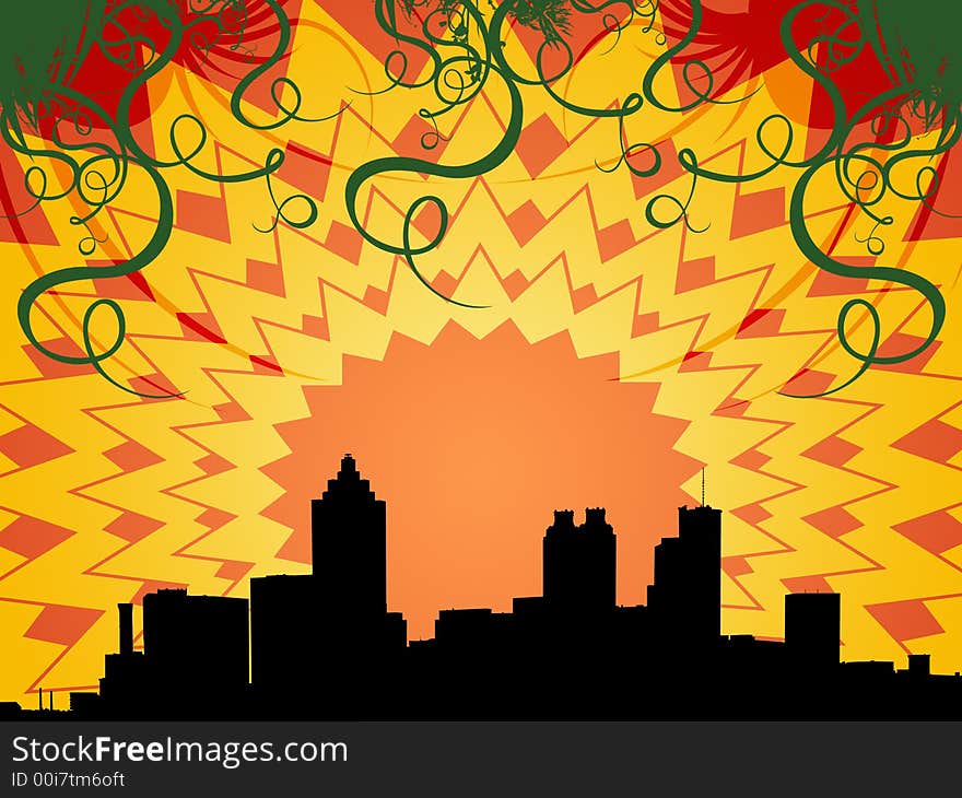 Silhouette of a city skyline with different ornaments.