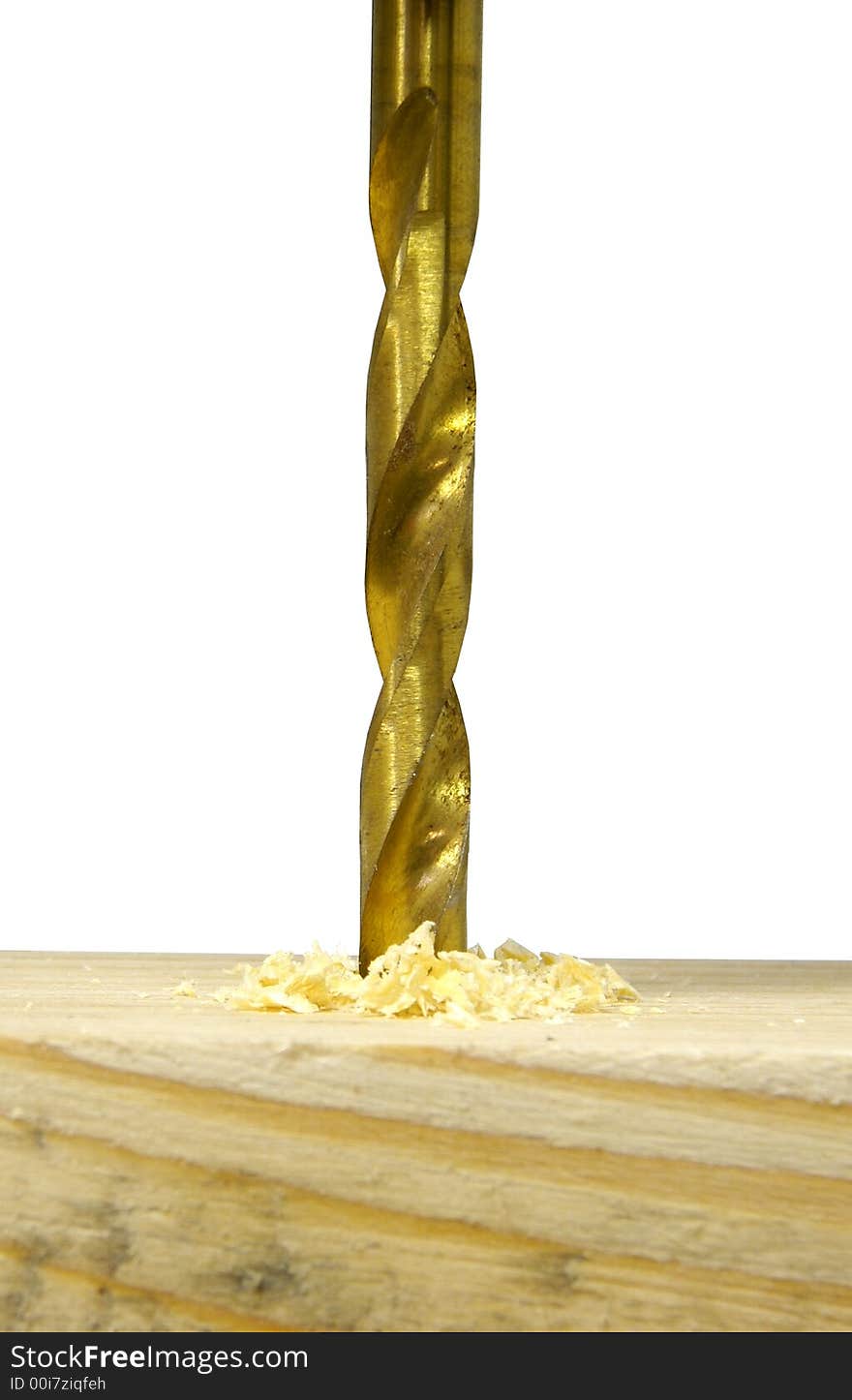 Closeup of drilling into piece of wood with golden drill. Closeup of drilling into piece of wood with golden drill.