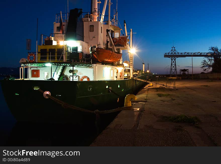 Ship at harbor at dusk