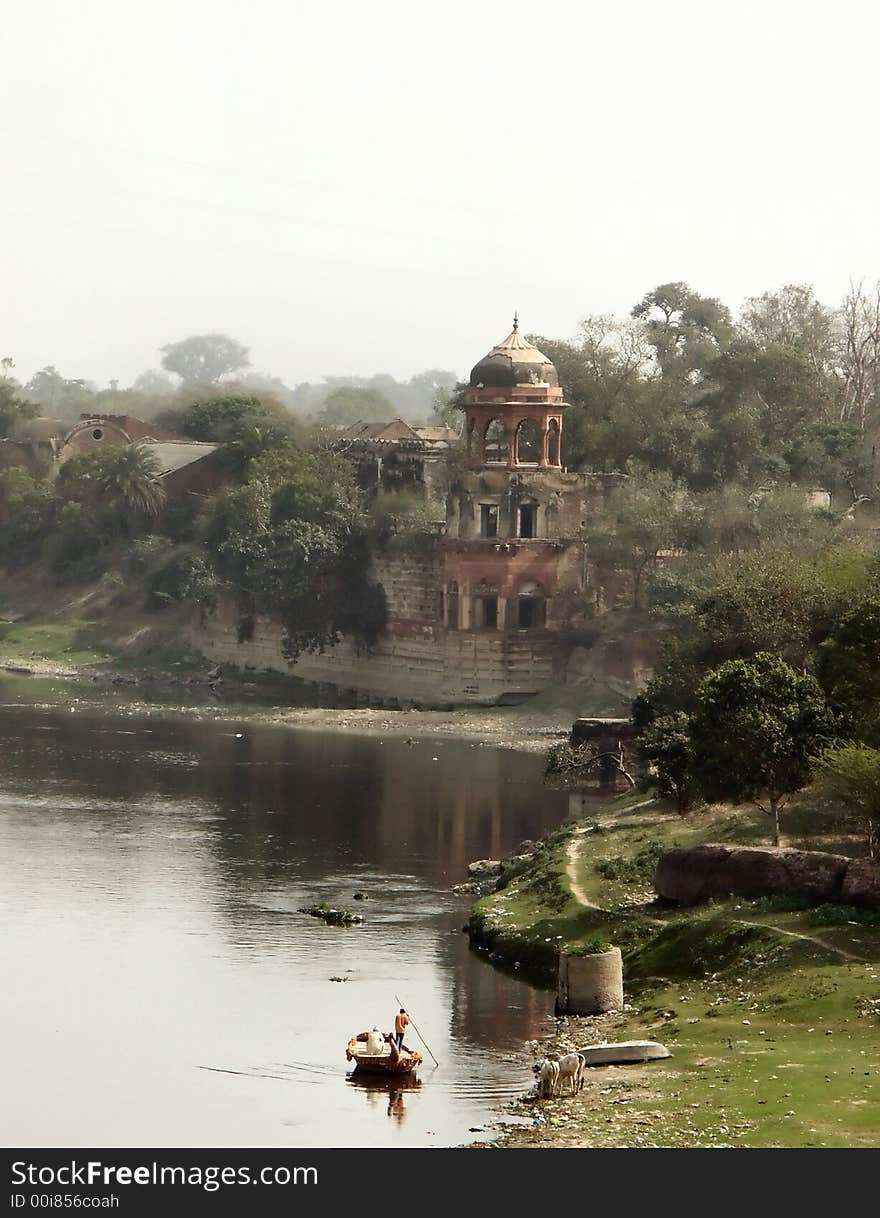 Vintage view from the Taj Mahal over a river