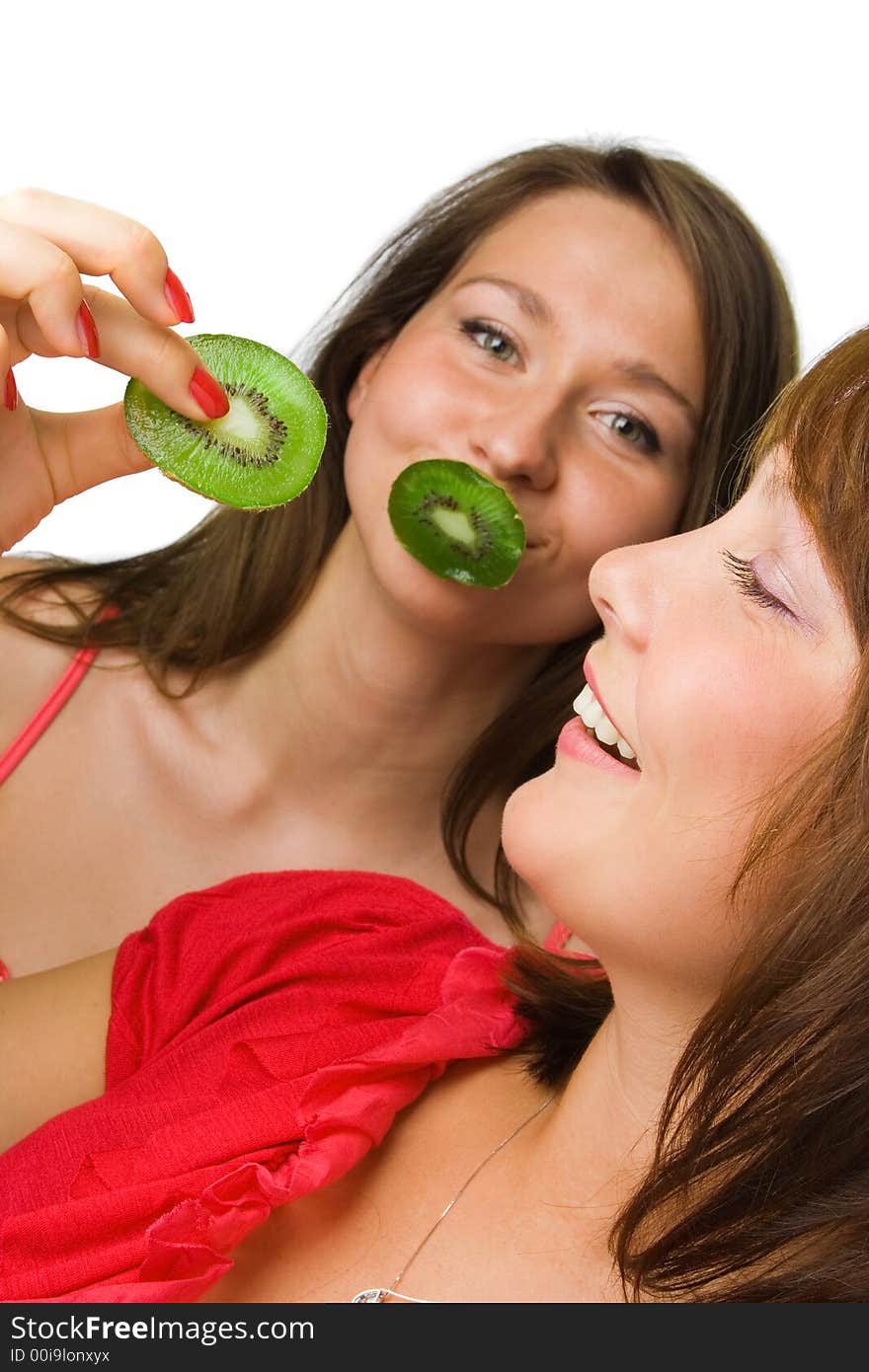 Happy couple woman with kiwi on white