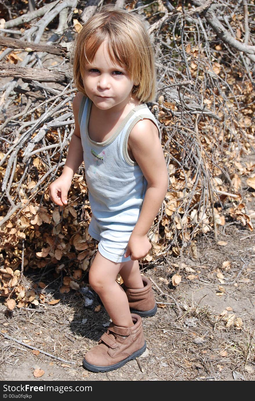 Little boy collecting a pile of branches to make a hide out. Little boy collecting a pile of branches to make a hide out