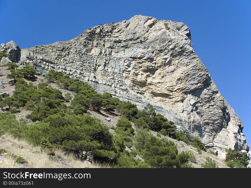 Mountain. An acting rock with vegetation in the foreground