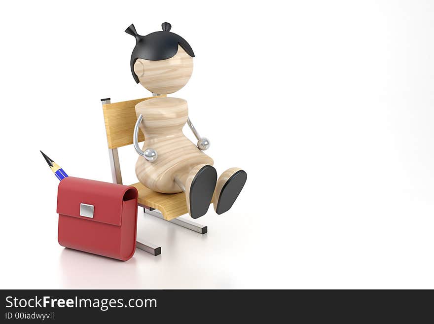 A little girl sits on a chair at school. 3d model. A little girl sits on a chair at school. 3d model