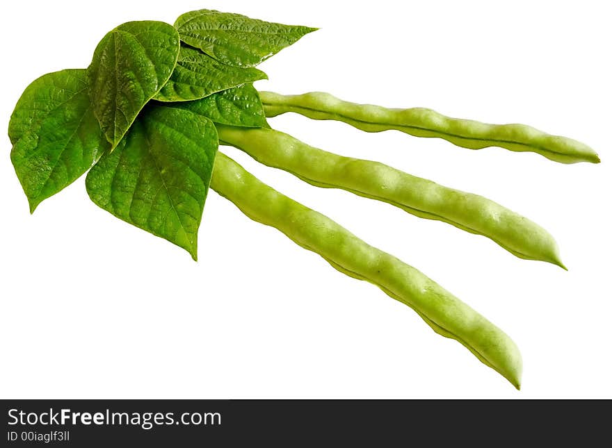 Young bean pods with leafs isolated on white background