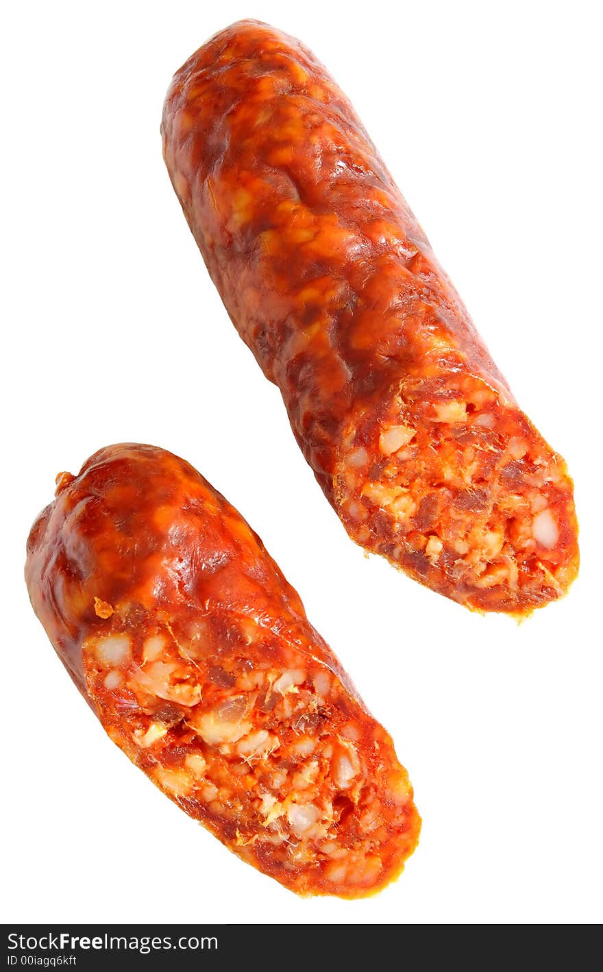 Cuted spicy home-made sausage isolated on white background