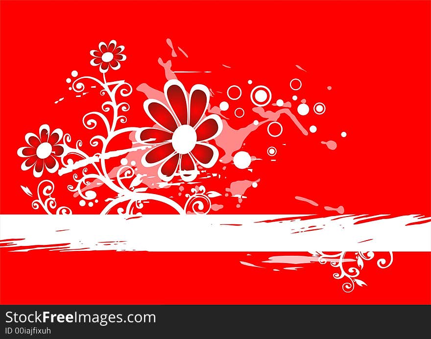 Red-white grunge background with red flowers and blots. Red-white grunge background with red flowers and blots.