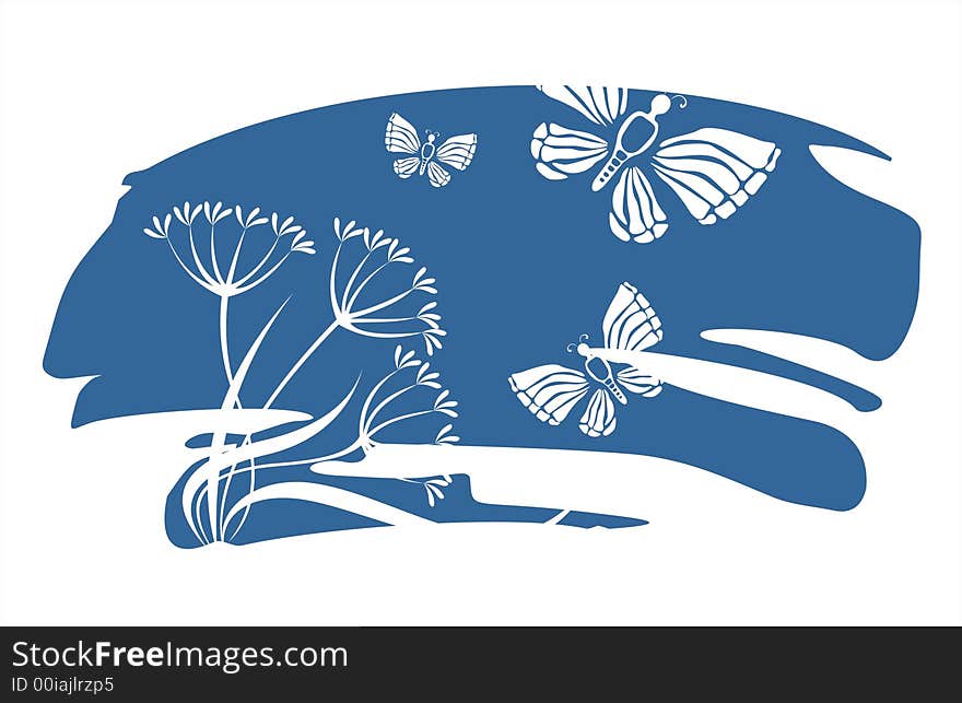 White silhouettes of flowers and butterflies on a background of a dark blue spot. White silhouettes of flowers and butterflies on a background of a dark blue spot.