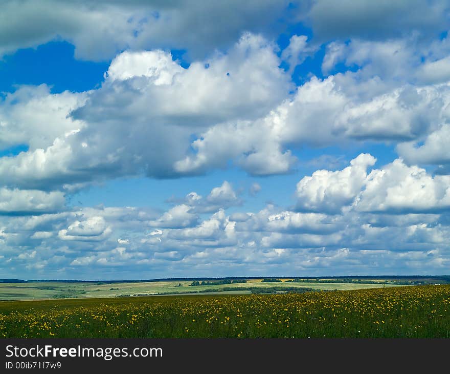 Summer landscape with green meadow and blue cloudy sky. Summer landscape with green meadow and blue cloudy sky