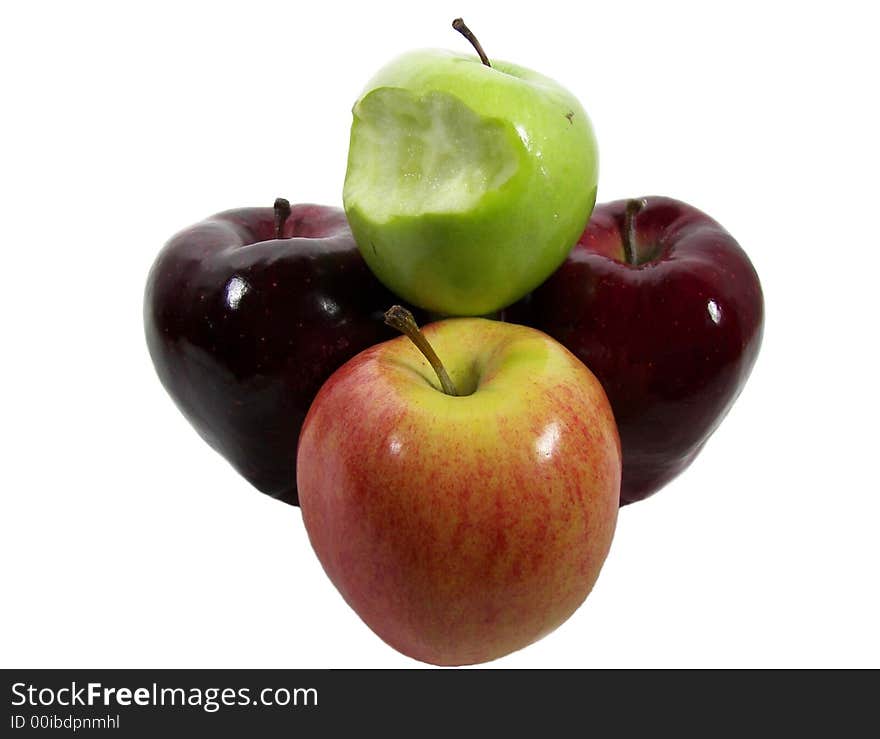 Variety of delicious apples with first bite out of a Granny Smith. Variety of delicious apples with first bite out of a Granny Smith