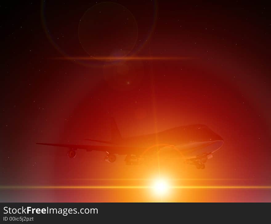 A plane flying high in the dark sky with a flash of light. A plane flying high in the dark sky with a flash of light.