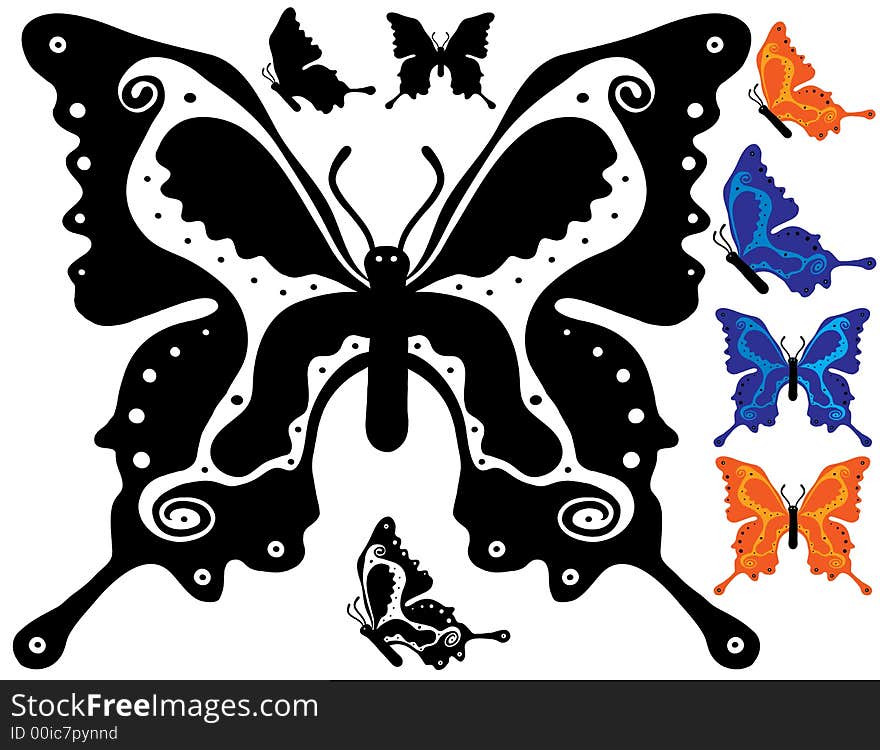 Four sets of two butterflies in different colors. Blue, orange, black or black and white. Four sets of two butterflies in different colors. Blue, orange, black or black and white.