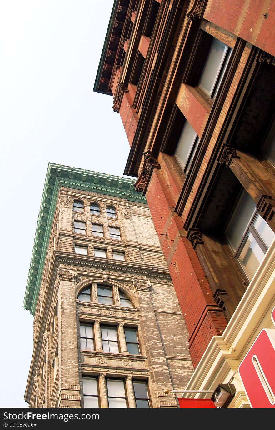 Red, green, beige facade