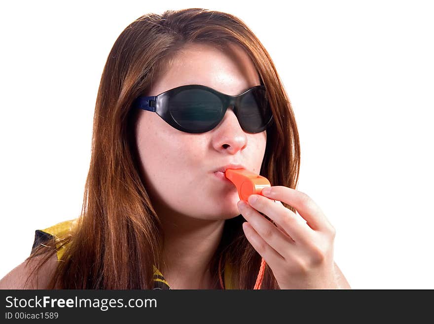 Teen girl with water safety orange whistle wearing sunglasses and life jacket. Teen girl with water safety orange whistle wearing sunglasses and life jacket