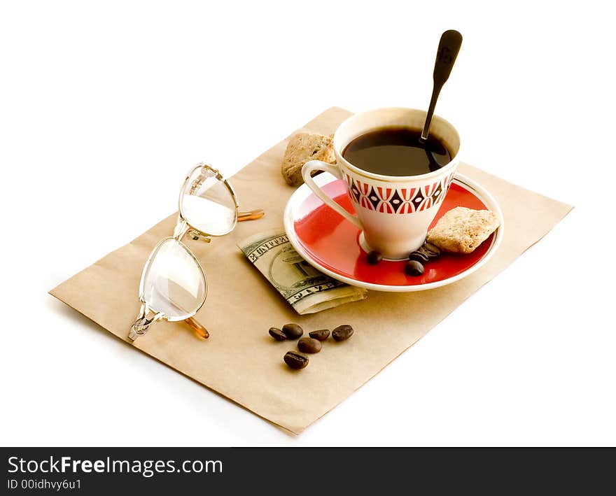 Black coffee, spoon, cookies, glasses and five dollars on white background. Black coffee, spoon, cookies, glasses and five dollars on white background