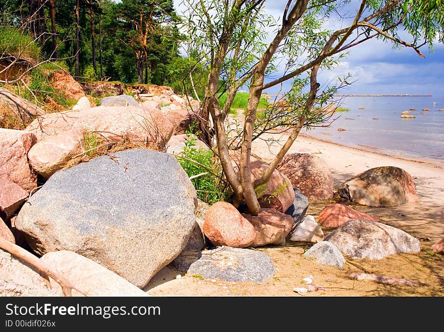 A stony beach on the Baltic sea. Latvia.