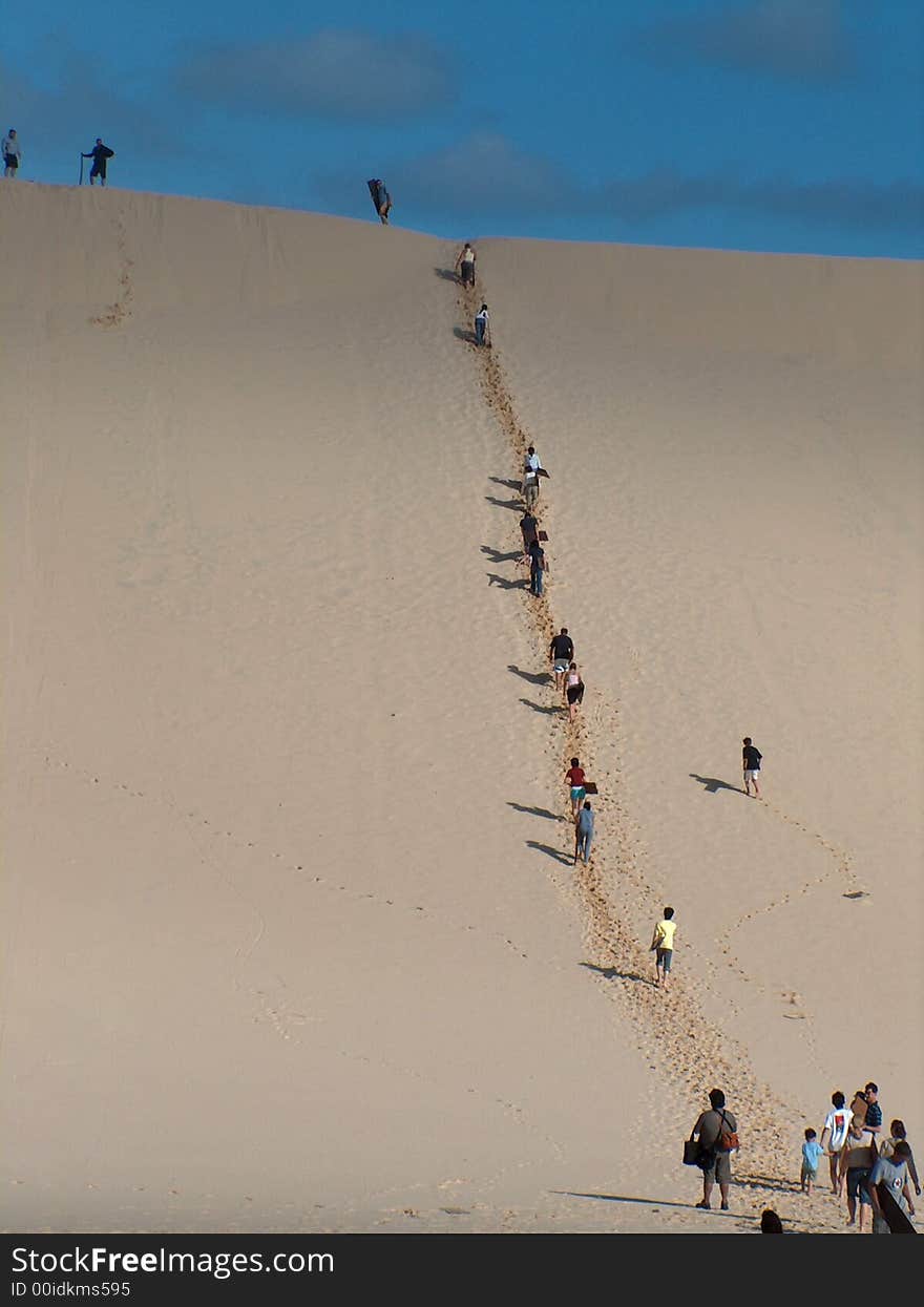 Long climb up to go sand tobogganing at Moreton Island, Australia. Long climb up to go sand tobogganing at Moreton Island, Australia