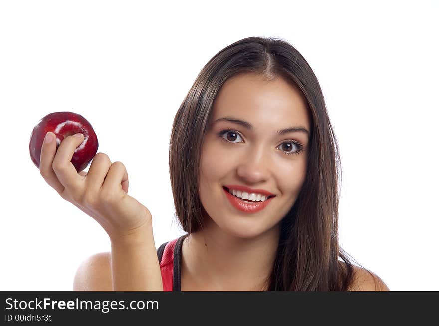 Portrait of young lovely brunette holding big red  apple. Portrait of young lovely brunette holding big red  apple