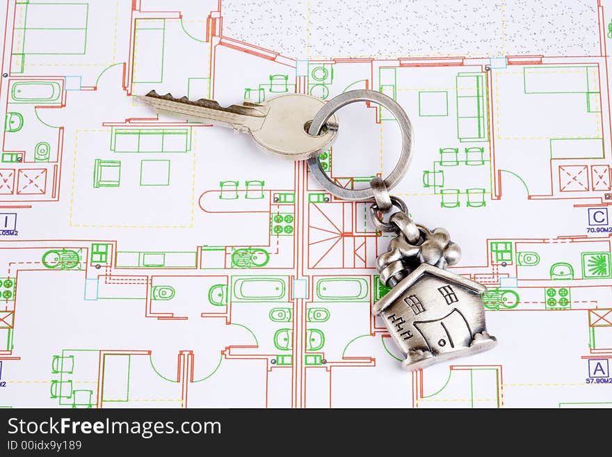 House keyring on architectural home plan. House keyring on architectural home plan