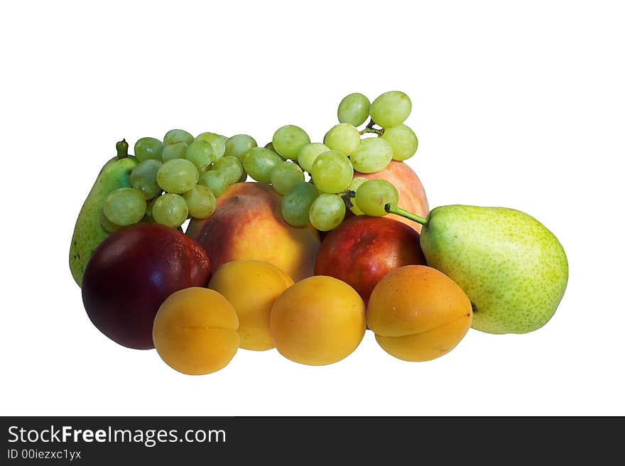 Grape, peach, pear, apricot, nectarine on white background. Grape, peach, pear, apricot, nectarine on white background