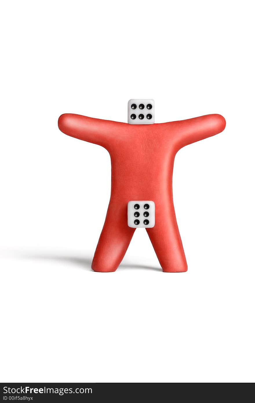 Metaphorical portray of an Superman of red plasticine and dice