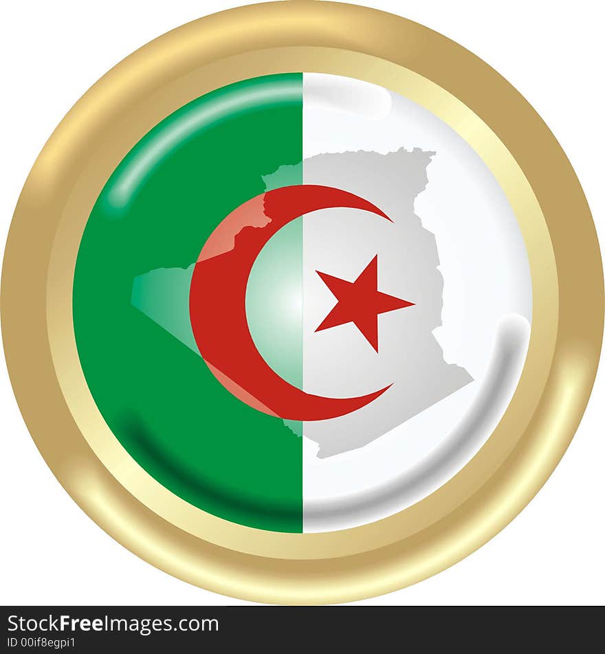 Art illustration: round gold medal with map and flag of algeria