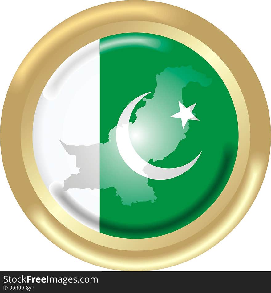 Art illustration: round gold medal with map and flag of pakistan