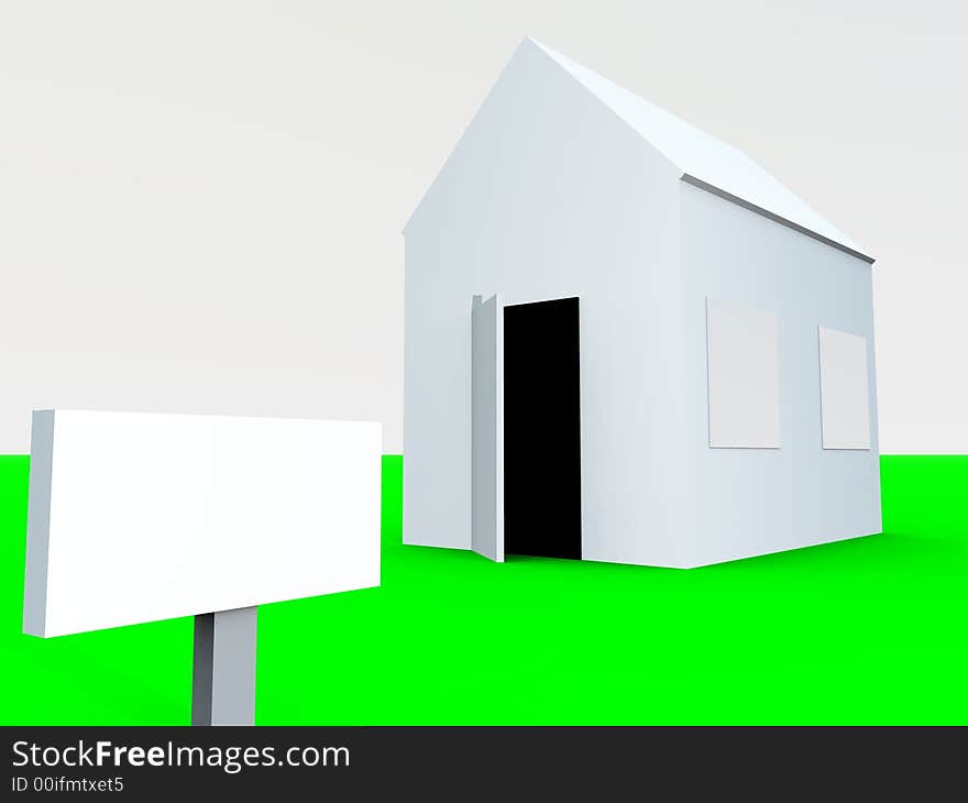 An image of a simple home with a blank sign next to it, a good image for housing concepts.