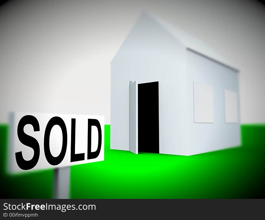 An image of a simple home with a sold sign next to it, a good image for housing concepts.