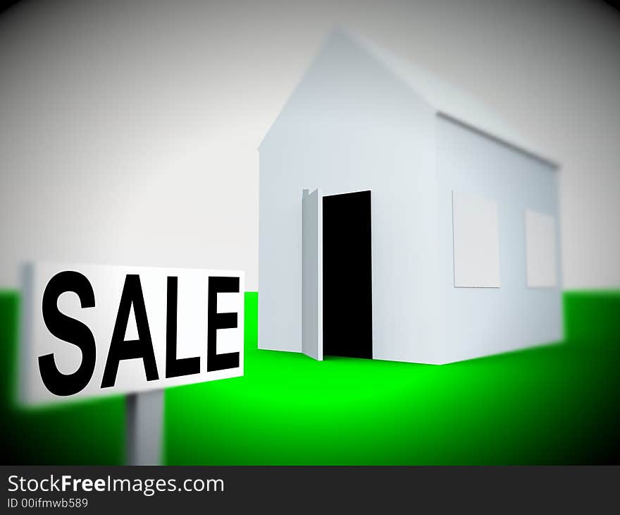 An image of a simple home with a sale sign next to it, a good image for housing concepts