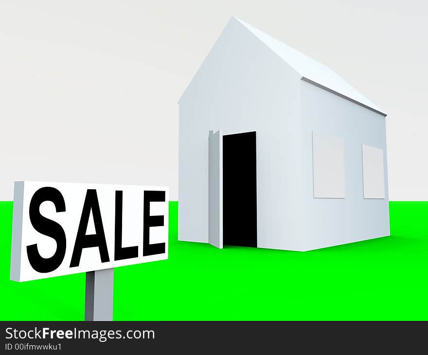 An image of a simple home with a sale sign next to it, a good image for housing concepts