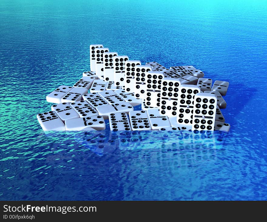 A digital art illustration that represents weakness and short-life through a set of double nine dominoes tiles that barely float over the ocean. A digital art illustration that represents weakness and short-life through a set of double nine dominoes tiles that barely float over the ocean.