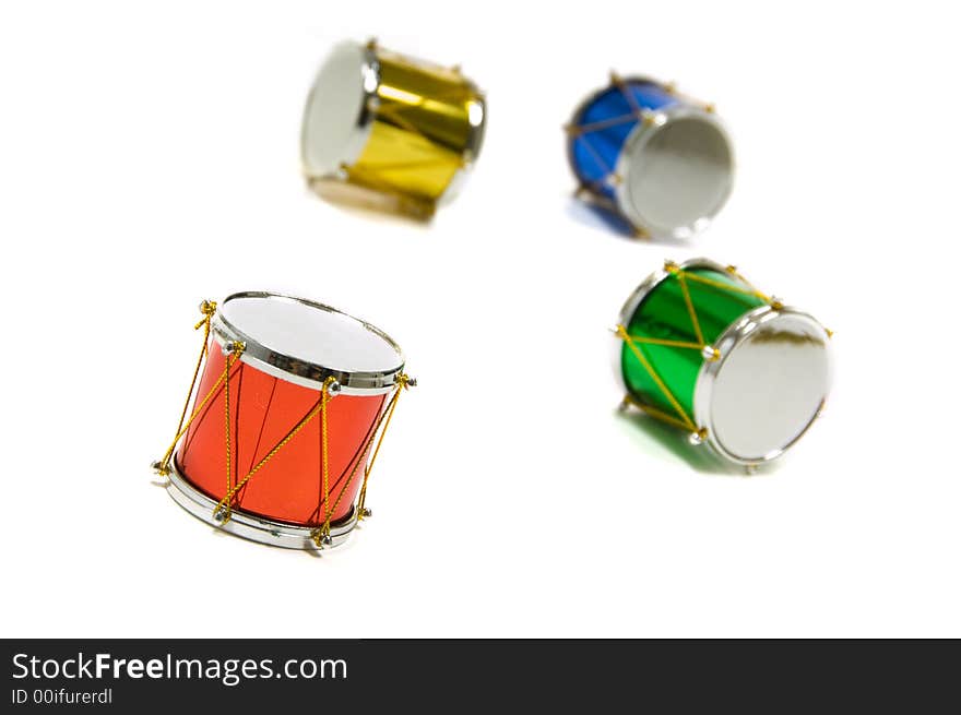 Christmas decoration, miniature drums, on white background. Christmas decoration, miniature drums, on white background