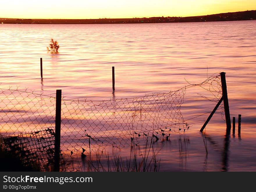 Lake sunset, submerged fence