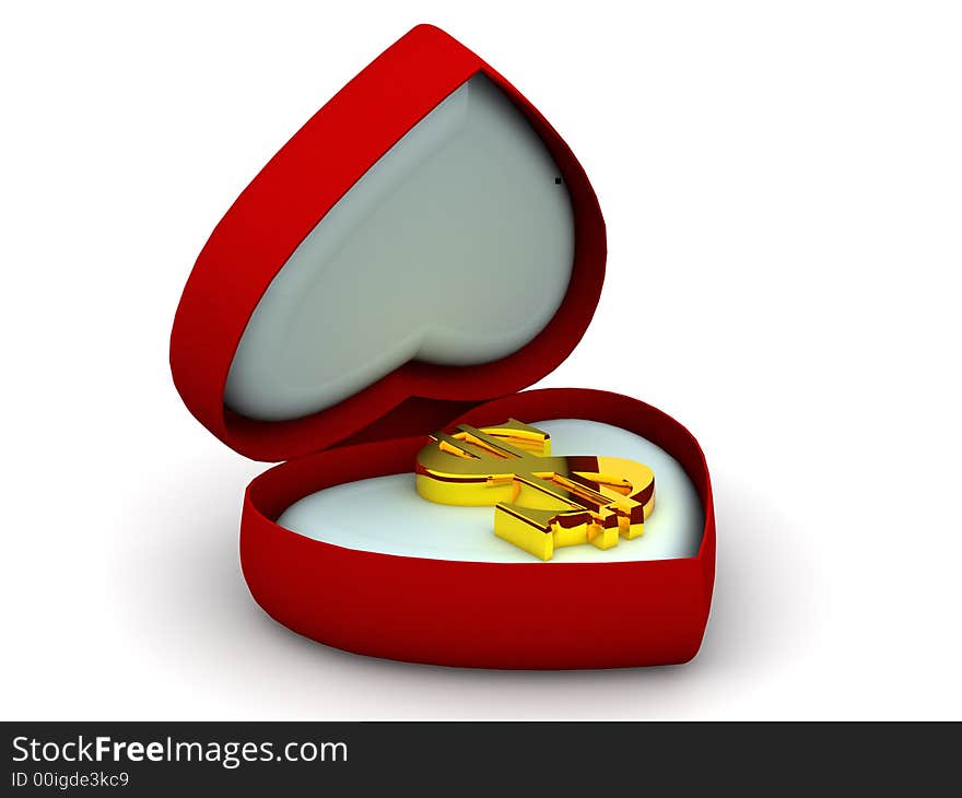 Very beautiful three-dimensional illustration, figure. Box as heart with dollar. 3d. Very beautiful three-dimensional illustration, figure. Box as heart with dollar. 3d