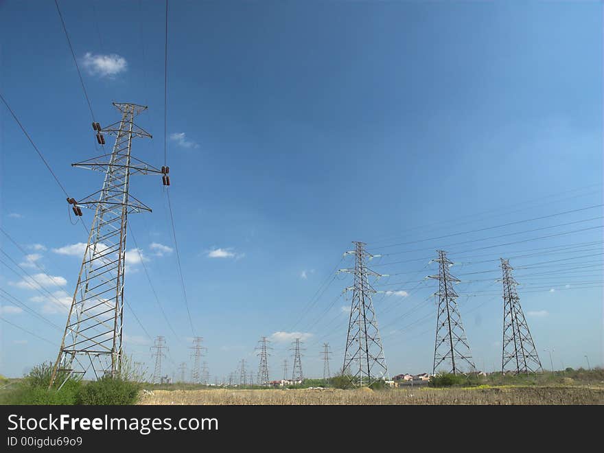 Electricity pylons and power line in suburbean landscape. Electricity pylons and power line in suburbean landscape