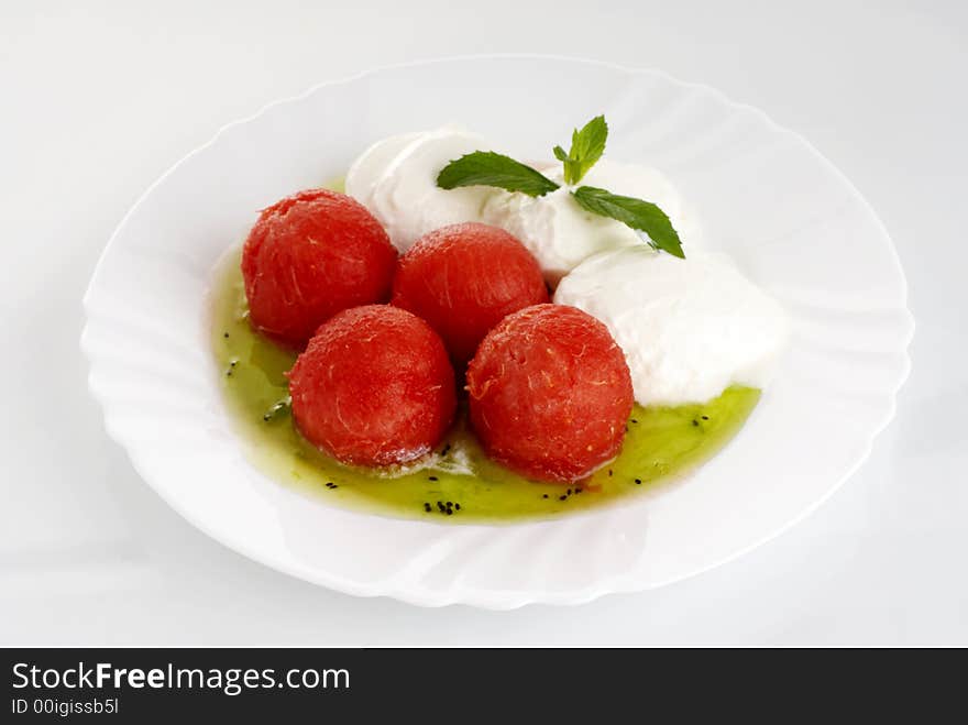 Balls from watermelon with yogurt