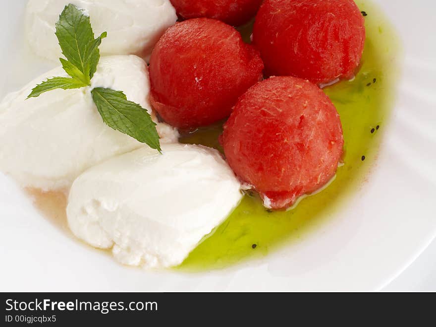 Balls from watermelon with yogurt