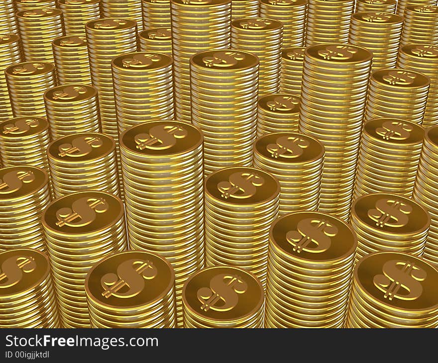 A background of stacks of gold coins with dollar marks.