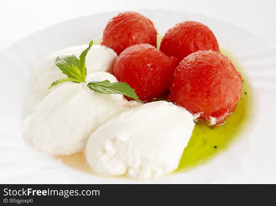 Balls from watermelon with yogurt