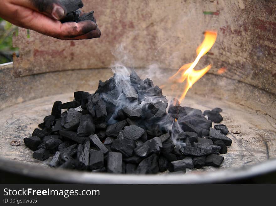 Barbecue started, coal, flame and smoke,. Barbecue started, coal, flame and smoke,