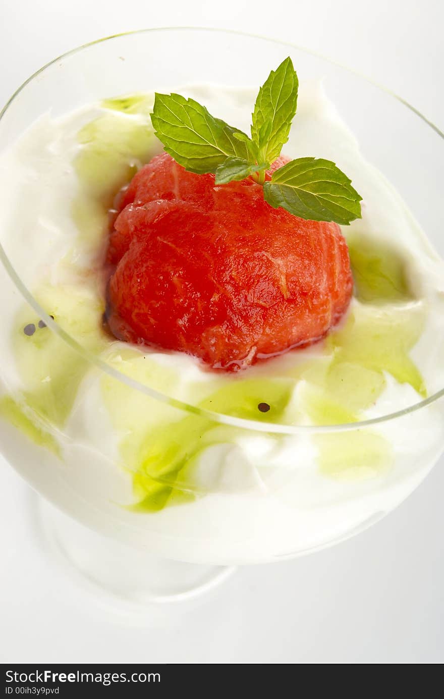 Watermelon fruit salad with melon and yogurt