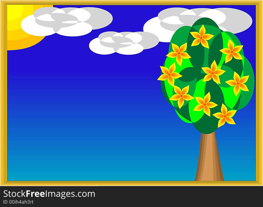 Blossoming tree in a framework on a background of clouds