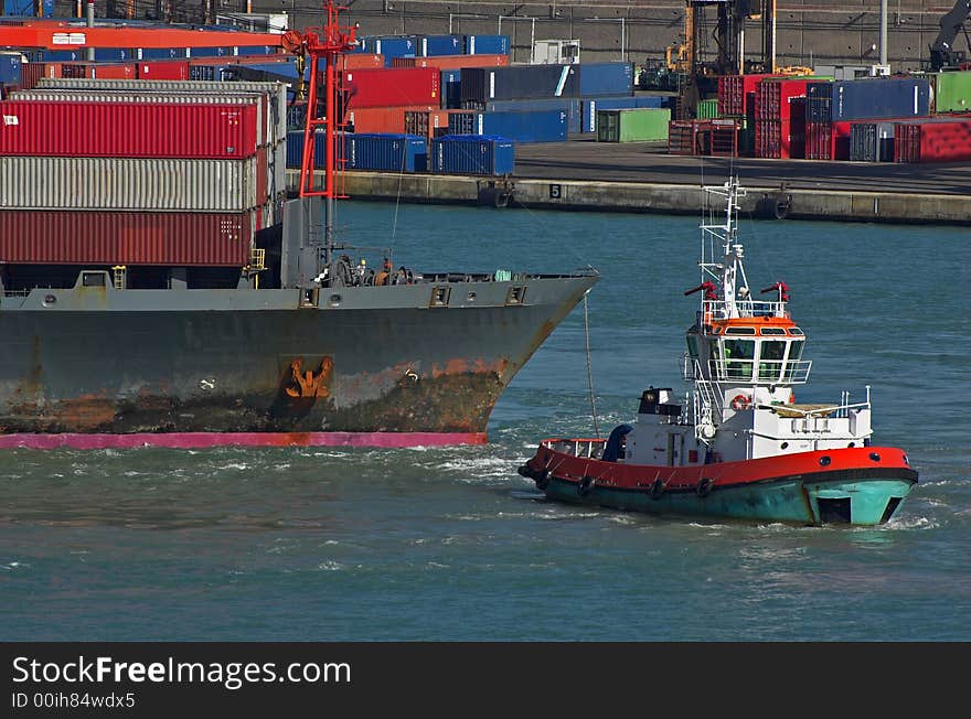 Container ship and tag boat