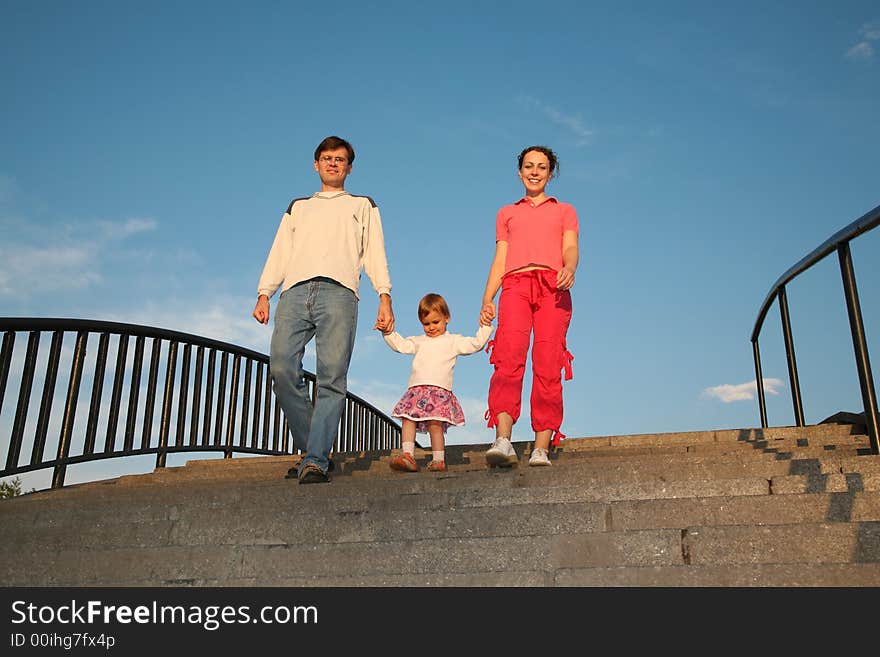 Family on stone ladder