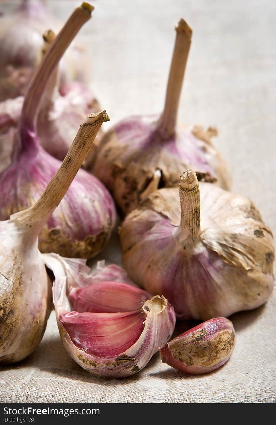 Garlic on grey cloth