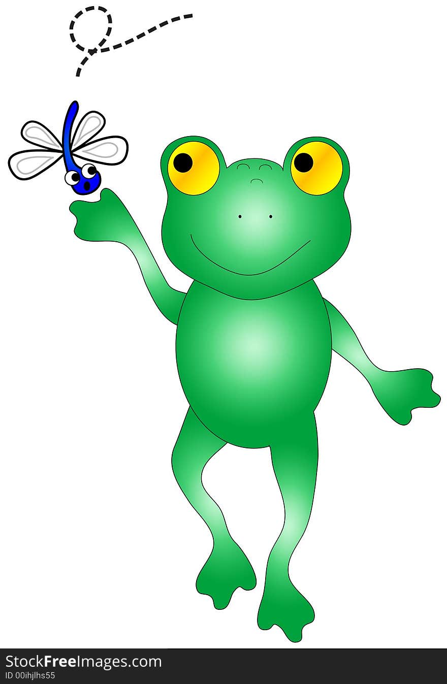 Happy frog catching a colorful fly, clip-art. Happy frog catching a colorful fly, clip-art.