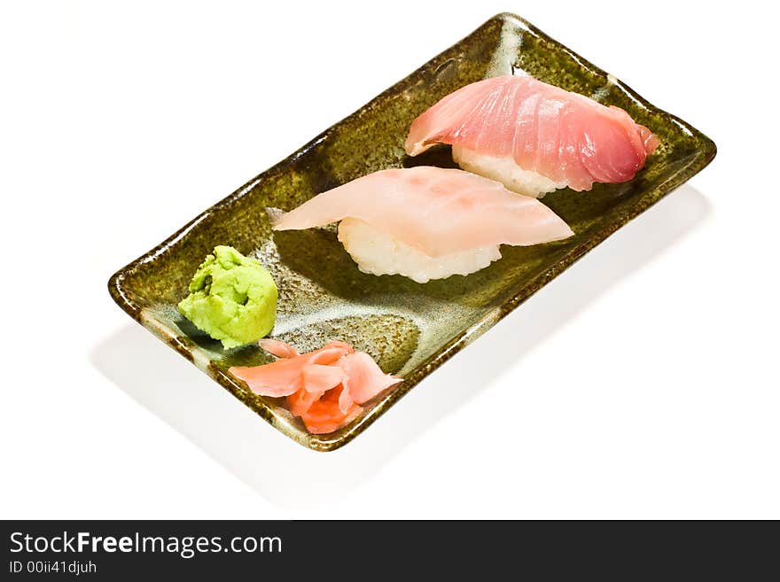 The plate of nigiri sushi on white background